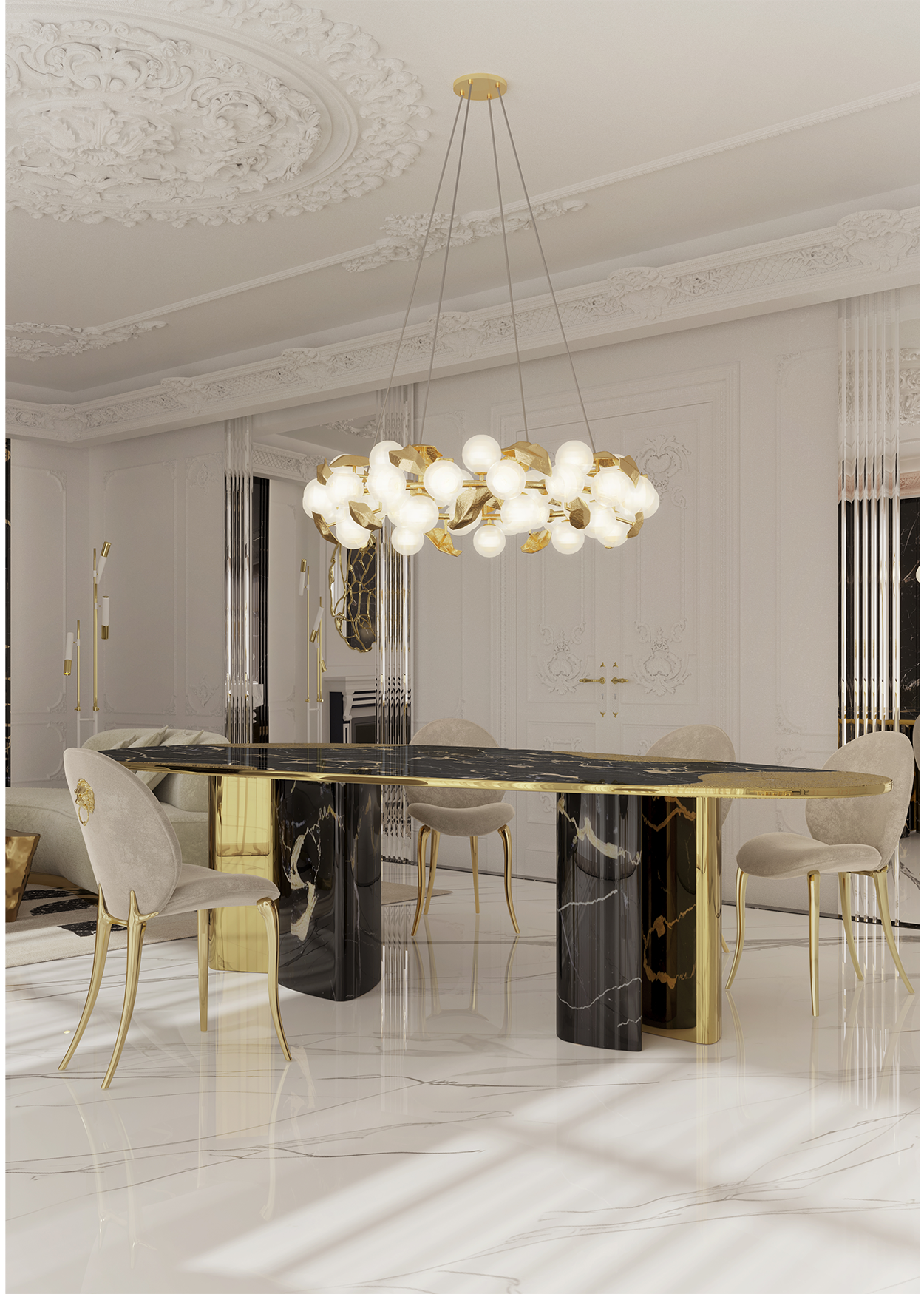 Stół jadalniany Athena z marmuru Portoro i złota
