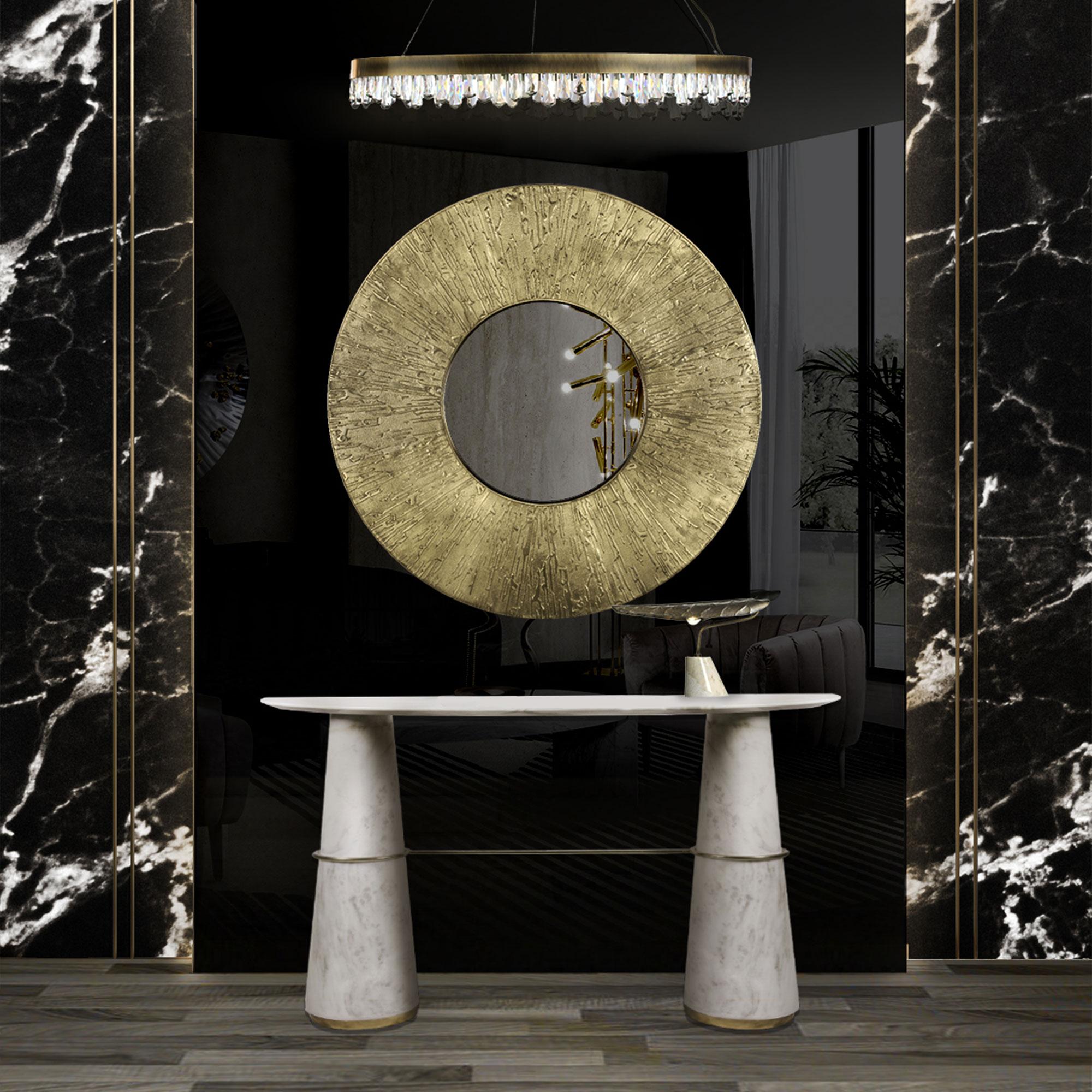 Lustro ścienne okrągłe mosiężne z akcentem