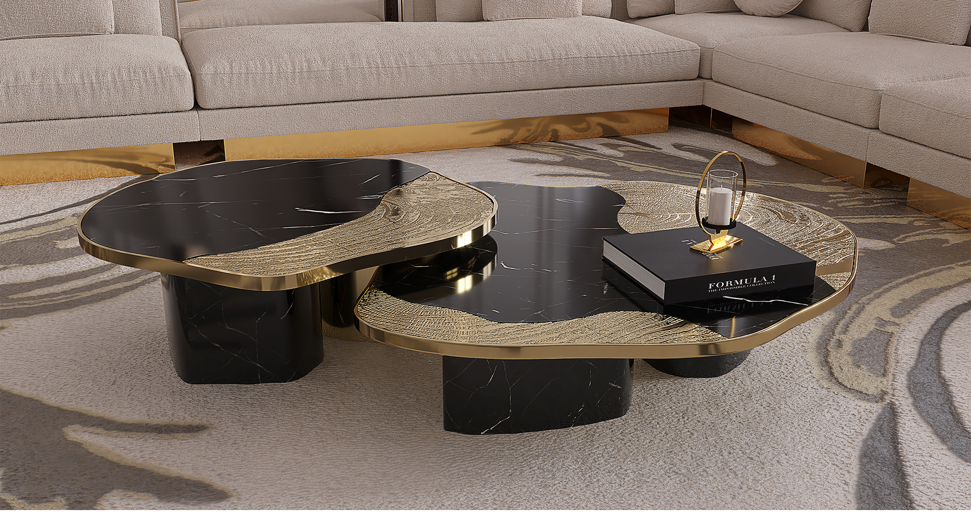 Zestaw stolików Athena z czarnego marmuru Nero i złota