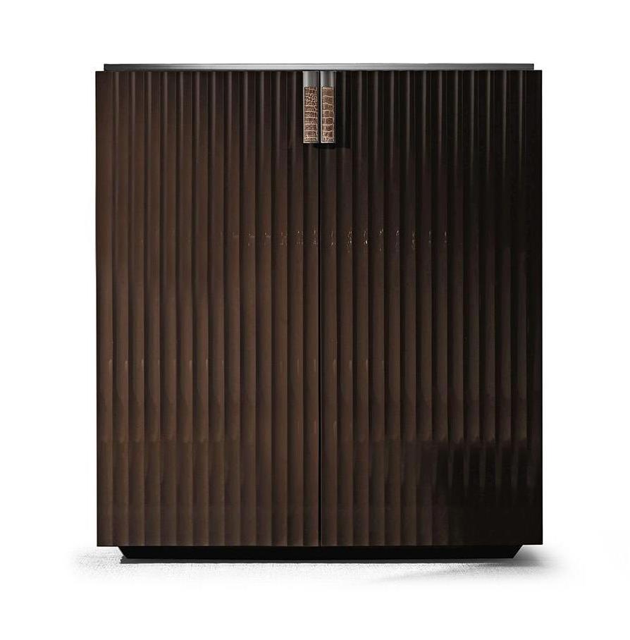 Szafka dwudrzwiowa z drewna i skóry z chromowanymi akcentami