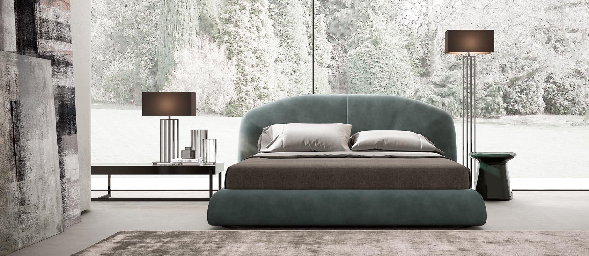 Łóżko z ukrytymi nogami i zagłówkiem