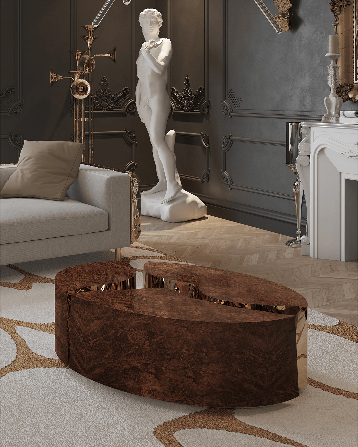 Orzechowy owalny stolik kawowy Fissure