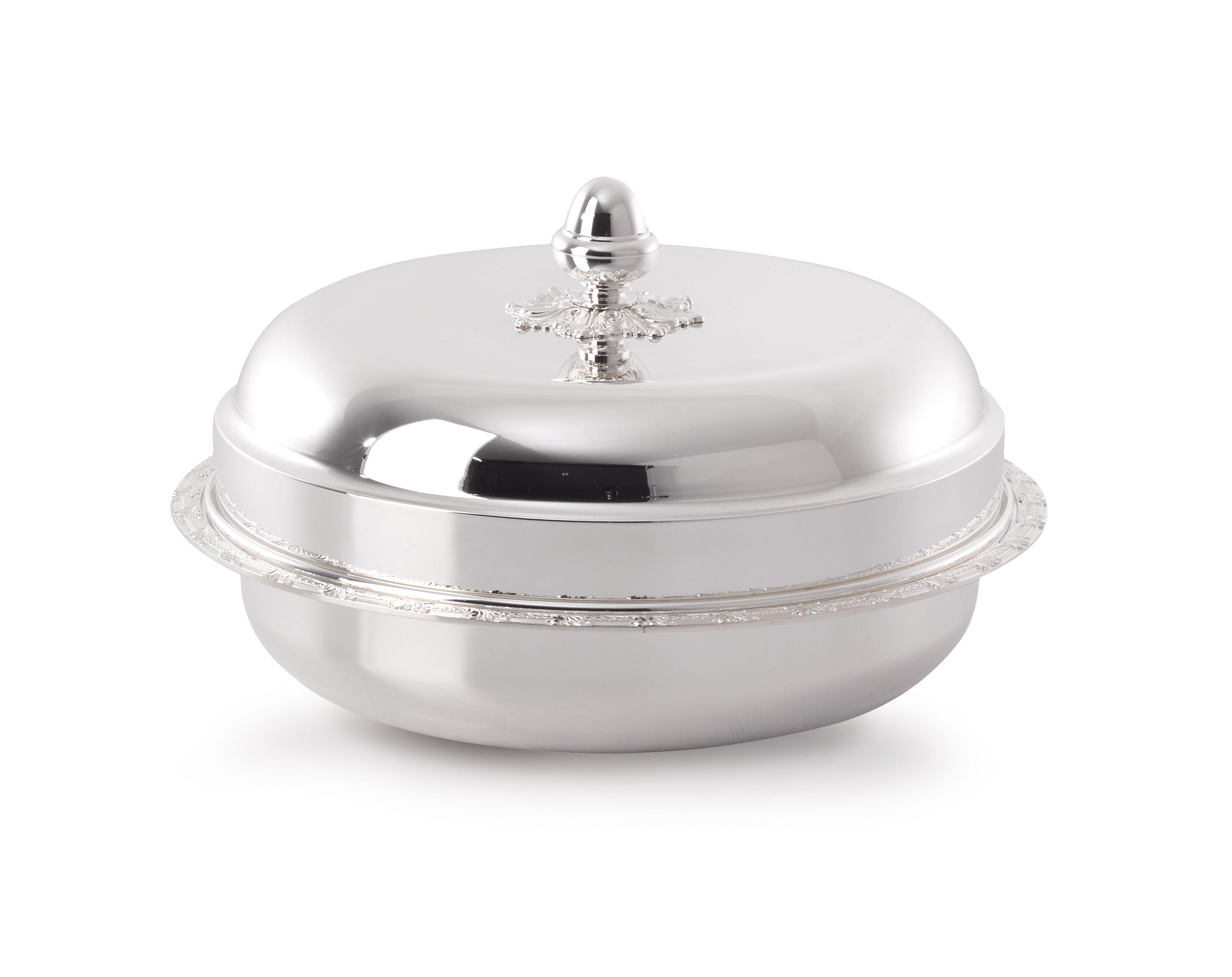 Srebrna okrągła miska warzywna z porcelaną i pokrywką | Wymiary: Ø 28 cm