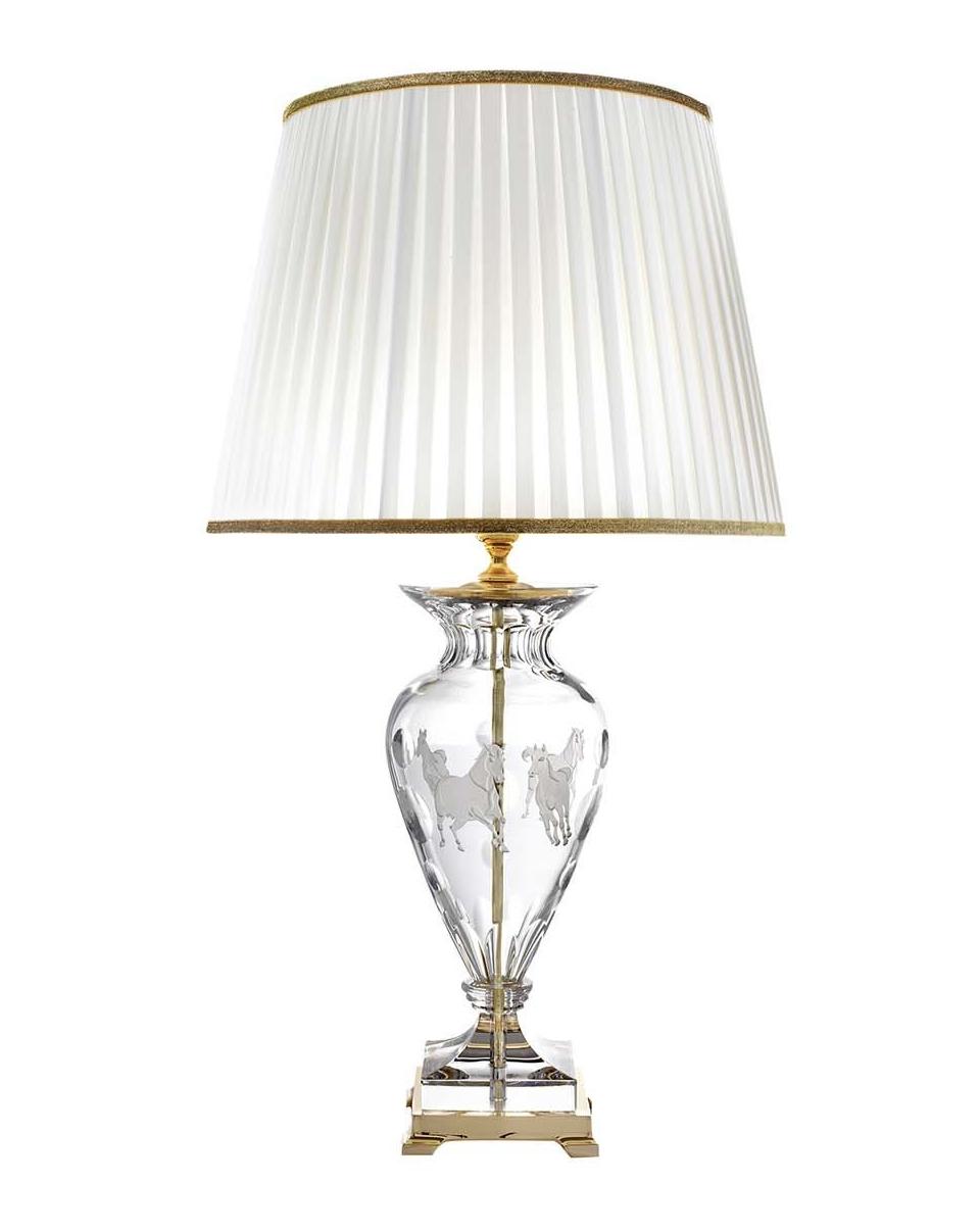 Złota lampa stołowa z kryształowym koniem