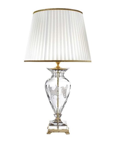 Złota lampa stołowa z kryształowym koniem